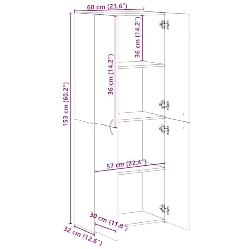 Aktenschrank Grau Sonoma aus Holzwerkstoff 60x32x153 cm mit 4 Fächern für Büro und Homeoffice, Büroschrank zur Archivierung von Dokumenten und Ordnern