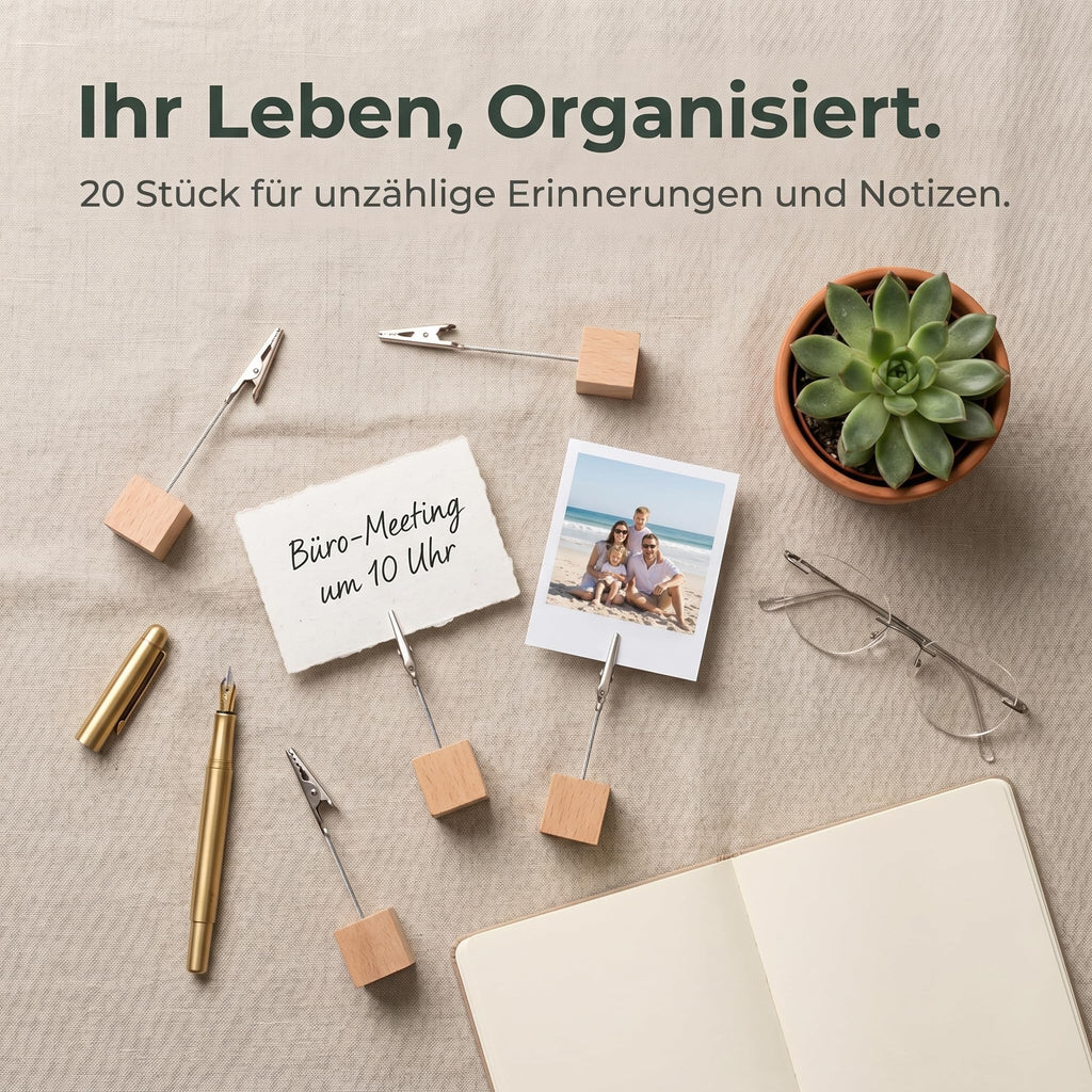 Fotohalter Mit Klammern, 20 Stück FotostäNder Holz Mit Klammern, Fotohalter Tisch Memo Clip Halter Ideal für Heimdekoration Büro Veranstaltungen(Naturholzfarbe)
