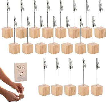 Fotohalter Mit Klammern, 20 Stück FotostäNder Holz Mit Klammern, Fotohalter Tisch Memo Clip Halter Ideal für Heimdekoration Büro Veranstaltungen(Naturholzfarbe)