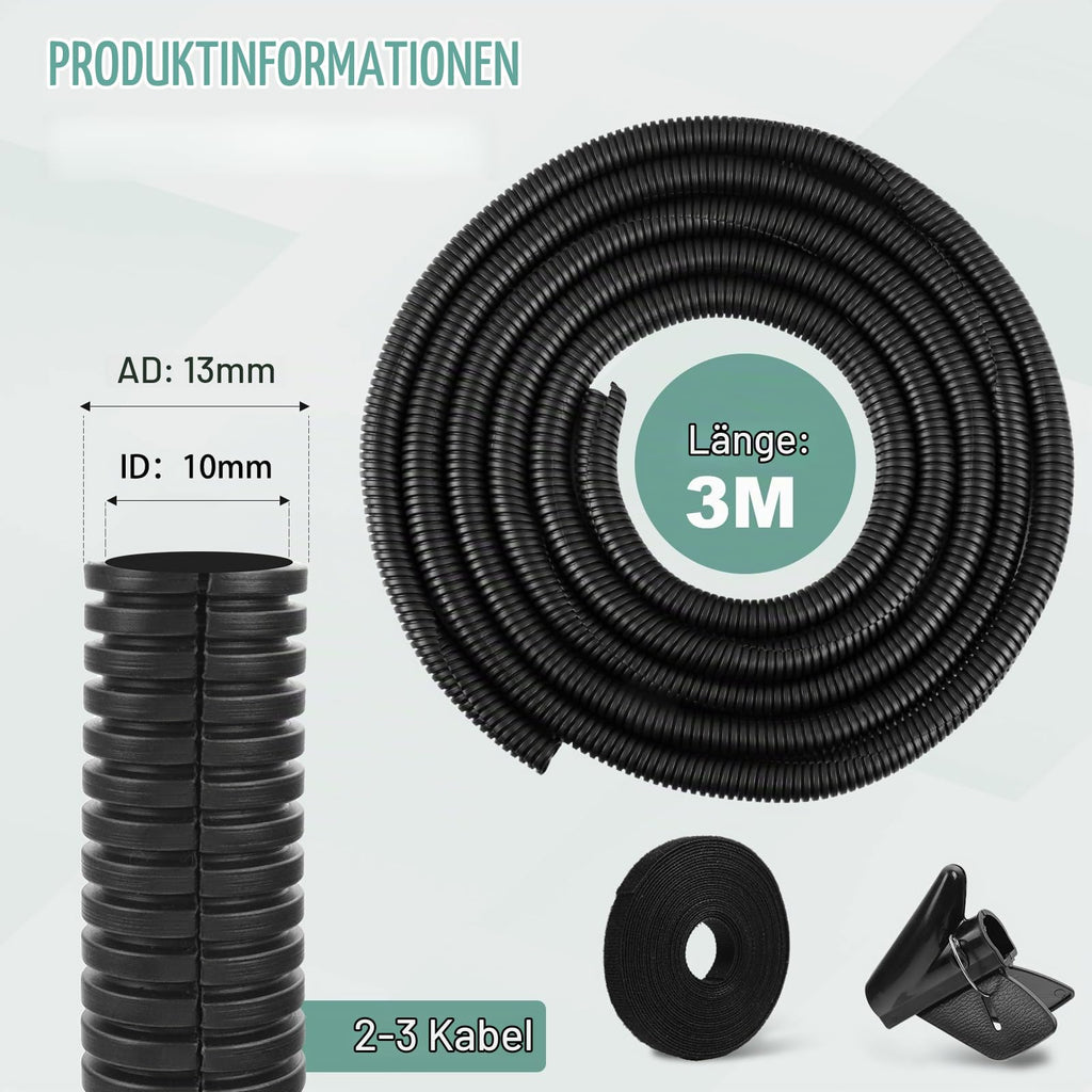 Wellrohr Geschlitzt Kabelschlauch Schwarz Kabelschutzschlauch Flexibles Kabelschutzrohr Kabelkanal Aussenbereich Leerrohr für Erdkabel (13mm×3m)