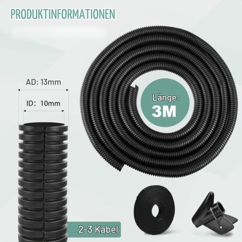 Wellrohr Geschlitzt Kabelschlauch Schwarz Kabelschutzschlauch Flexibles Kabelschutzrohr Kabelkanal Aussenbereich Leerrohr für Erdkabel (13mm×3m)