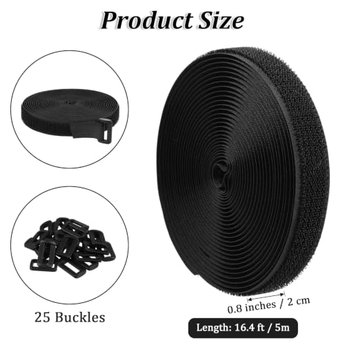 2 cm x 5 m Klettbänder mit 25 Metallschnallen, verstellbare Kabelbinder, frei kürzbar, wiederverwendbare Nylon-Kabelbinder zur Befestigung von Kabeln für Ordnungssysteme oder Aufbewahrung, Schwarz