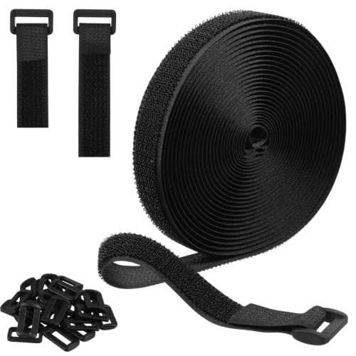 2 cm x 5 m Klettbänder mit 25 Metallschnallen, verstellbare Kabelbinder, frei kürzbar, wiederverwendbare Nylon-Kabelbinder zur Befestigung von Kabeln für Ordnungssysteme oder Aufbewahrung, Schwarz