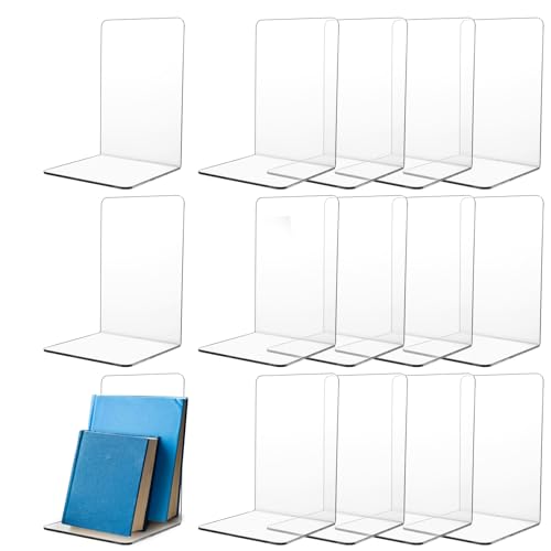 APACALI 16 Stück Buchstütze Acryl, 12X11.8X18.2CM Buchstützen für Regale, Transparente Buchständer, strapazierfähige Buchstützen zum Halten von Büchern, Bücherhalter für schwere Bücher, Zuhause, Büro