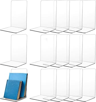 APACALI 16 Stück Buchstütze Acryl, 12X11.8X18.2CM Buchstützen für Regale, Transparente Buchständer, strapazierfähige Buchstützen zum Halten von Büchern, Bücherhalter für schwere Bücher, Zuhause, Büro