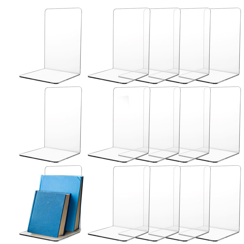 APACALI 16 Stück Buchstütze Acryl, 12X11.8X18.2CM Buchstützen für Regale, Transparente Buchständer, strapazierfähige Buchstützen zum Halten von Büchern, Bücherhalter für schwere Bücher, Zuhause, Büro