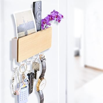 Echehi Leichte Schlüsselhalter mit 5 Haken, Einfach zu Installierende Schlüsselbrett Ohne Bohren, Kleine Schlüsselablage, Briefständer, Geeignet für Eingangsbereiche und Hinter Türen. Weiß