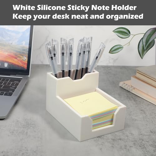Kamehame Zettelbox mit Stifthalter Silikon Pen Holder Schreibtisch Stifte Halter Organizer Stiftebox Notizzettel Box oder Kartensteckpl?tzen Cube Notiz Box passt 3x3'' Haftnotizen, weiß