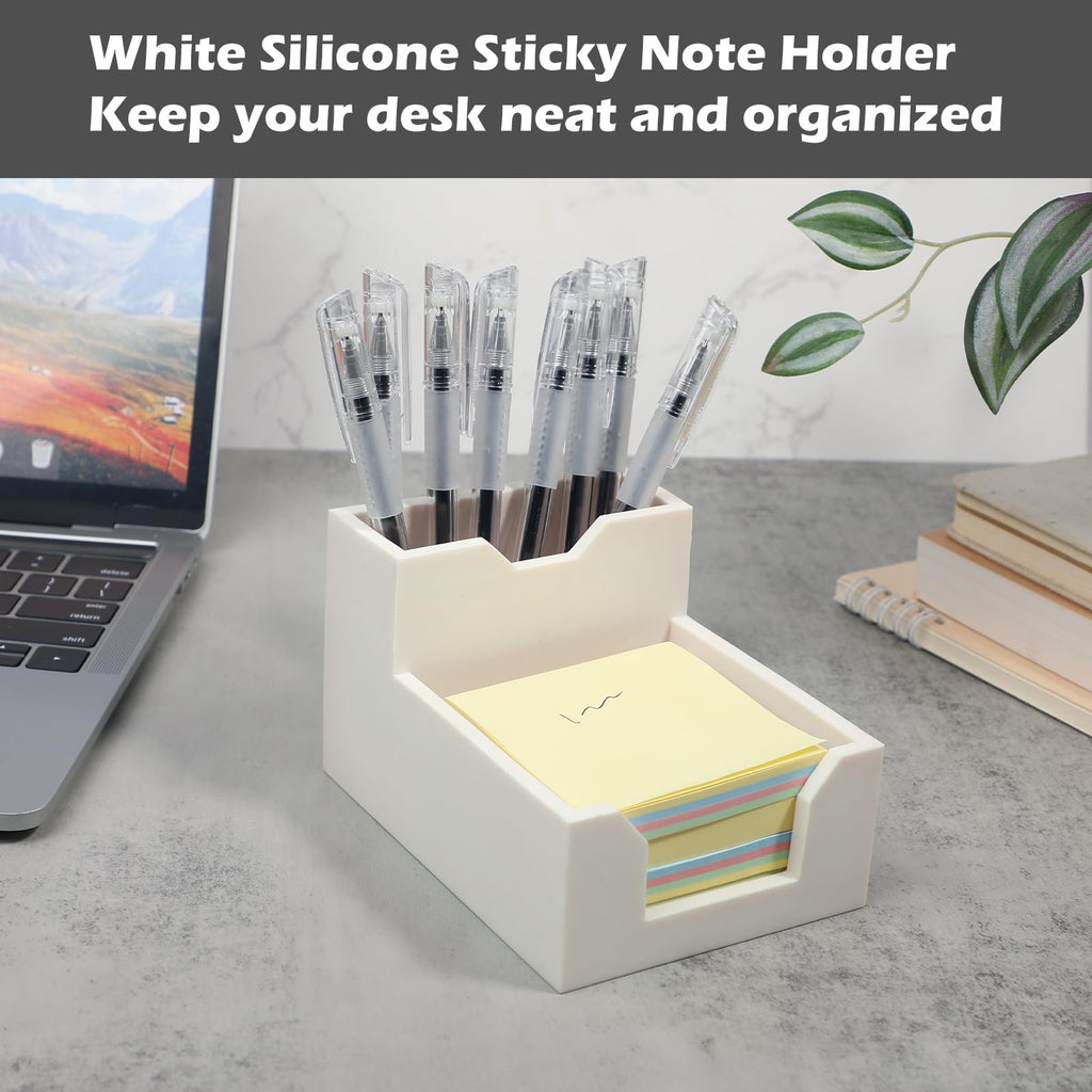 Kamehame Zettelbox mit Stifthalter Silikon Pen Holder Schreibtisch Stifte Halter Organizer Stiftebox Notizzettel Box oder Kartensteckpl?tzen Cube Notiz Box passt 3x3'' Haftnotizen, weiß