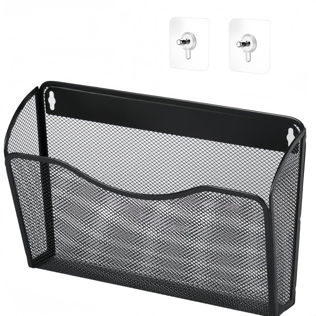Wandmontierter Dokumentenhalter, Zeitschriftenhalter, vertikaler Organizer, Platzsparende Metallgitter-Tasche, für Zuhause, Küche, Büro (schwarz)