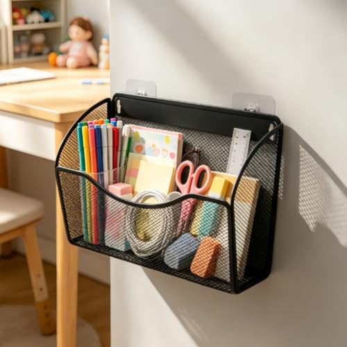 Wandmontierter Dokumentenhalter, Zeitschriftenhalter, vertikaler Organizer, Platzsparende Metallgitter-Tasche, für Zuhause, Küche, Büro (schwarz)