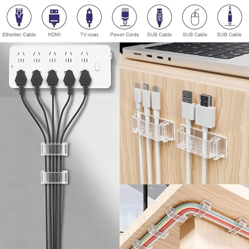 KLJ kabelhalter selbstklebend kabelmanagement 49 Pack Transparent,Anpassbar und wiederverwendbar kabelclips selbstklebend,Gilt für Schreibtisch kabelmanagement Cable Management