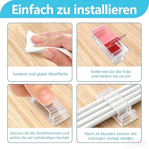 KLJ kabelhalter selbstklebend kabelmanagement 49 Pack Transparent,Anpassbar und wiederverwendbar kabelclips selbstklebend,Gilt für Schreibtisch kabelmanagement Cable Management