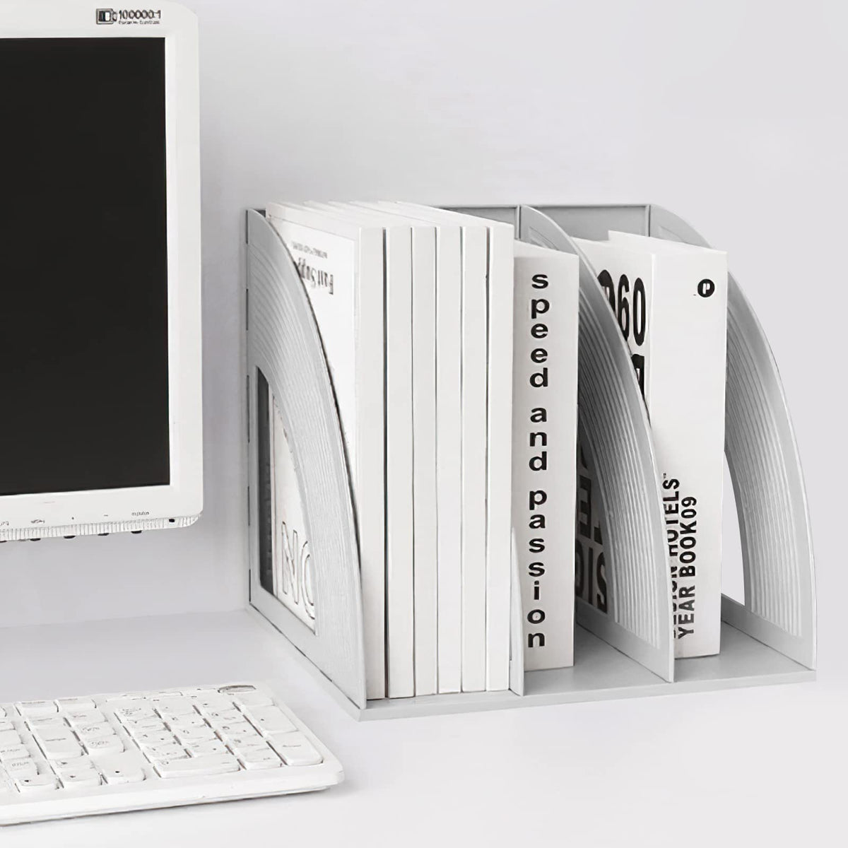 Marte Vanci Schreibtisch-Akten-Organizer, stabiler Schreibtisch mit 3 Fächern, Zeitschriften-Kunststoffhalter, Rahmen, Aktentrenner, Dokumentenschrank, Display und Aufbewahrung, Organizer-Box Hellgrau