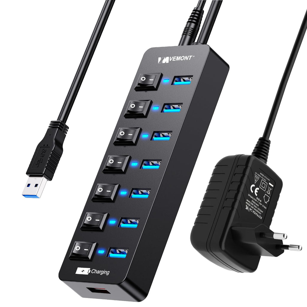 USB Hub Aktiv 3.0 mit Netzteil, VEMONT 8 Ports USB Verteiler mit 7*USB-Hub