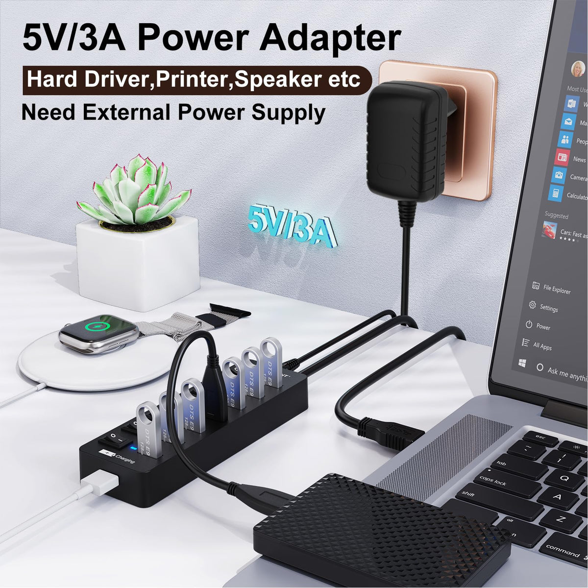 USB Hub Aktiv 3.0 mit Netzteil, VEMONT 8 Ports USB Verteiler mit 7*USB-Hub