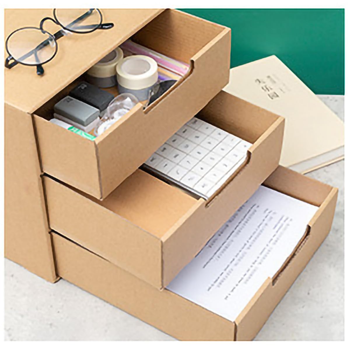 DECHOUS Schubladen Dokumentenorganizer aus Papier, Beige, mit Fächern