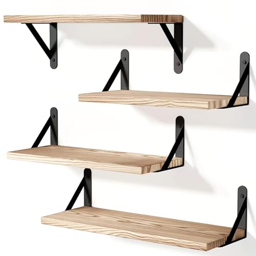 Wandregal Holz und Metall, 4er-Set Schweberegale mit 3 Montagemöglichkeiten – Dekoregal zur Wandmontage für Wohnzimmer, Küche, Schlafzimmer, Badezimmer und Büro