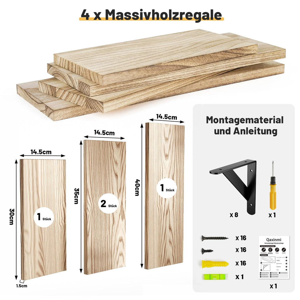 Wandregal Holz und Metall, 4er-Set Schweberegale mit 3 Montagemöglichkeiten – Dekoregal zur Wandmontage für Wohnzimmer, Küche, Schlafzimmer, Badezimmer und Büro