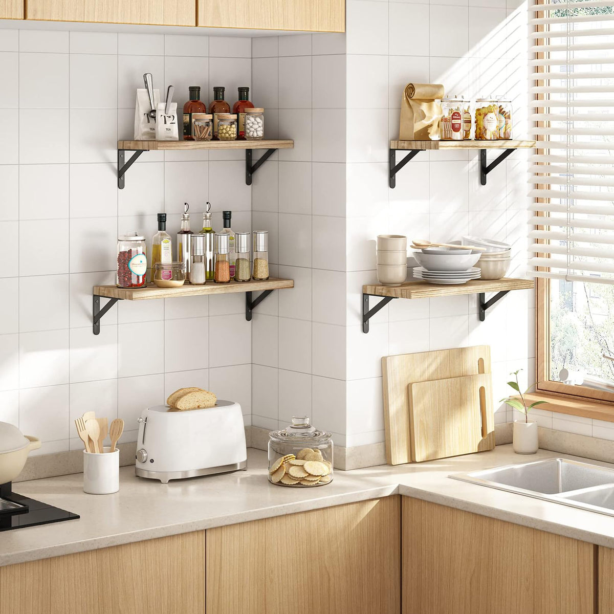 Wandregal Holz und Metall, 4er-Set Schweberegale mit 3 Montagemöglichkeiten – Dekoregal zur Wandmontage für Wohnzimmer, Küche, Schlafzimmer, Badezimmer und Büro