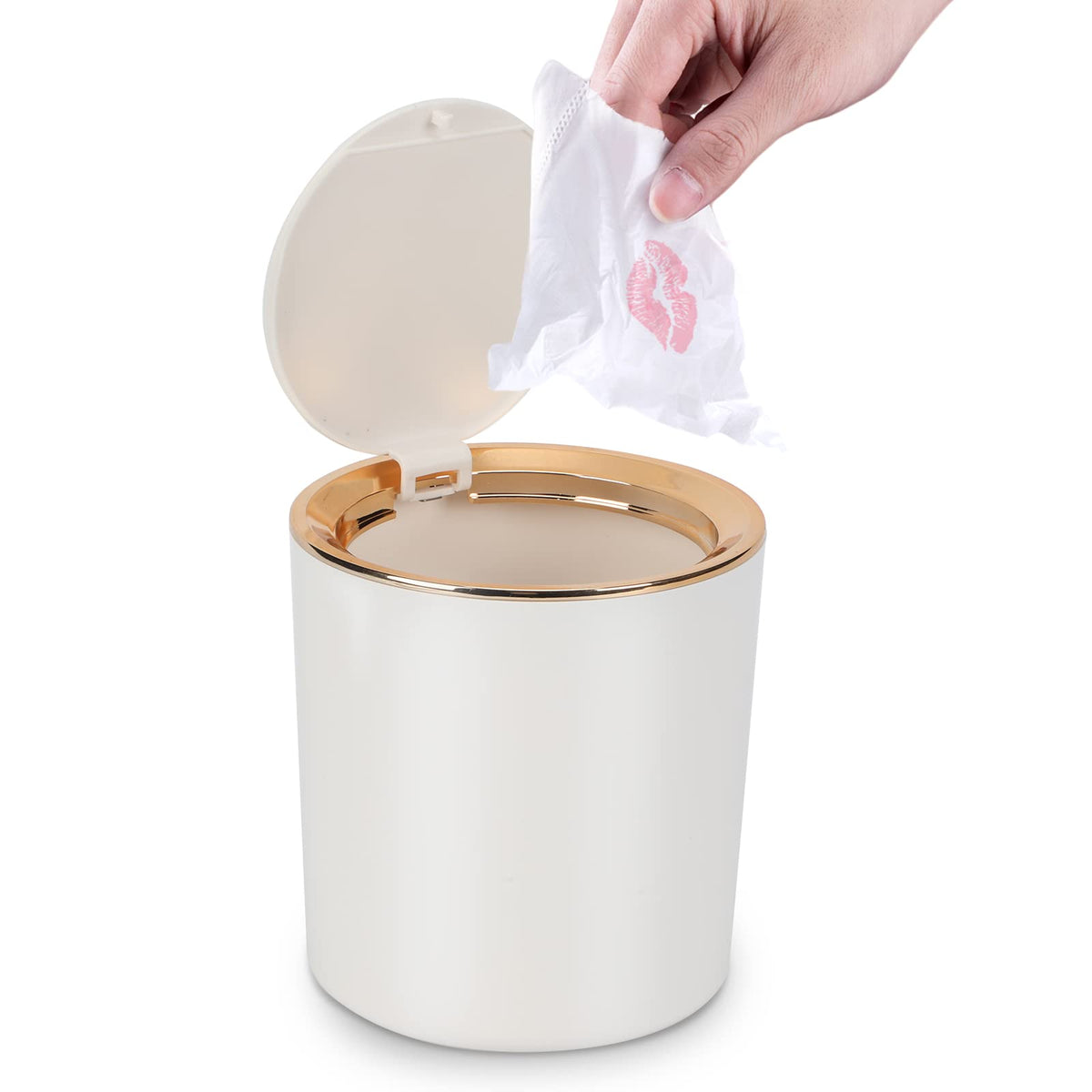 Tischmülleimer mit Deckel, Mini Mülleimer Tischabfalleimer 2.6L, Mülltonne Klein Papierkorb für Schreibtisch, Badezimmer, Wickeltisch, Küche (Weiß)