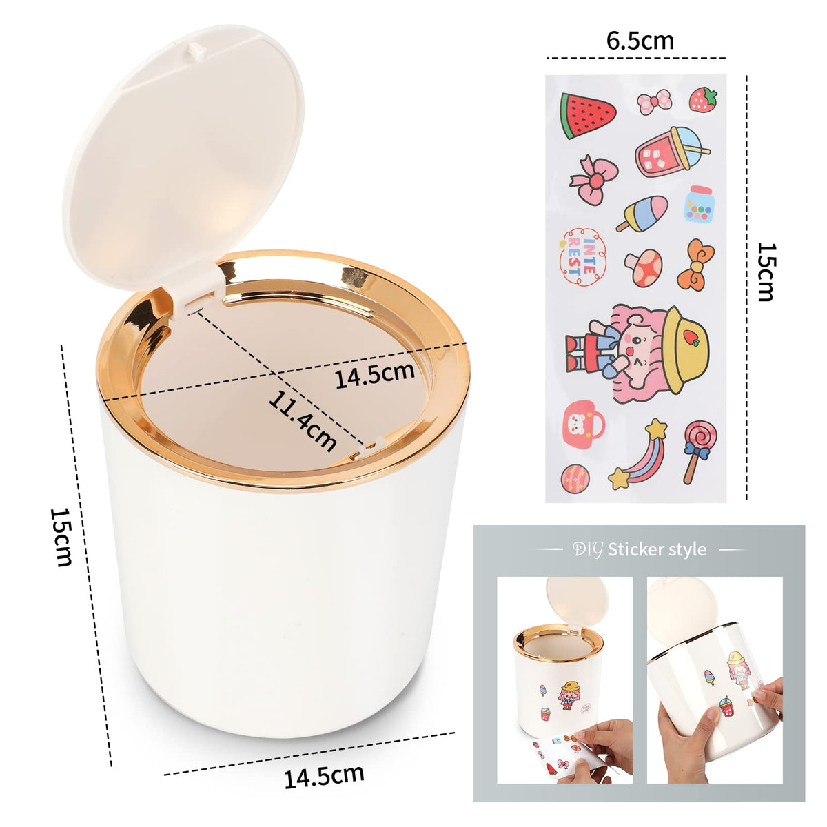 Tischmülleimer mit Deckel, Mini Mülleimer Tischabfalleimer 2.6L, Mülltonne Klein Papierkorb für Schreibtisch, Badezimmer, Wickeltisch, Küche (Weiß)