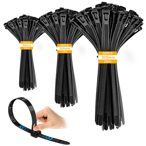 Kabelbinder Wiederverschließbar,150 Stück Set 150/200/300mm UV Beständig Schwarz Wiederverschließbar Kabelbinder für Kabelmanagement,Gartenarbeit,im Büro und Wohnen,Werkstätten,Elektroinstallation