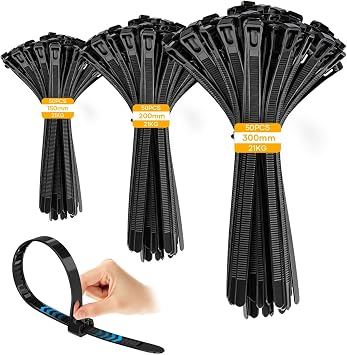 Kabelbinder Wiederverschließbar,150 Stück Set 150/200/300mm UV Beständig Schwarz Wiederverschließbar Kabelbinder für Kabelmanagement,Gartenarbeit,im Büro und Wohnen,Werkstätten,Elektroinstallation