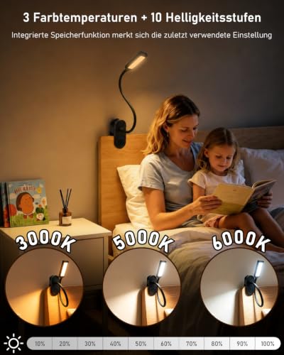 Leselampe Bett, Klemmlampe Akku Für Schlafzimmer, Lesen, Camping (Schwarz)