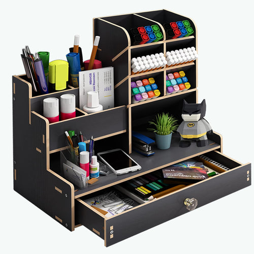 Schreibtisch Organizer aus Holz,Stiftehalter Schreibtisch mit Schublade,Multifunktionaler Stifte Organizer,Organizer Schreibtisch für Stifte Büro Zuhause Schule. (B17-Schwarz)