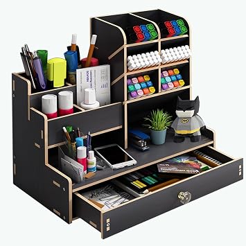 Schreibtisch Organizer aus Holz,Stiftehalter Schreibtisch mit Schublade,Multifunktionaler Stifte Organizer,Organizer Schreibtisch für Stifte Büro Zuhause Schule. (B17-Schwarz)