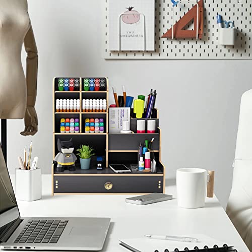 Schreibtisch Organizer aus Holz,Stiftehalter Schreibtisch mit Schublade,Multifunktionaler Stifte Organizer,Organizer Schreibtisch für Stifte Büro Zuhause Schule. (B17-Schwarz)