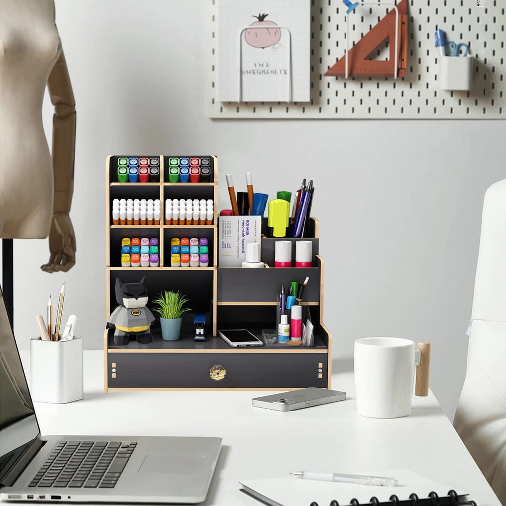 Schreibtisch Organizer aus Holz,Stiftehalter Schreibtisch mit Schublade,Multifunktionaler Stifte Organizer,Organizer Schreibtisch für Stifte Büro Zuhause Schule. (B17-Schwarz)