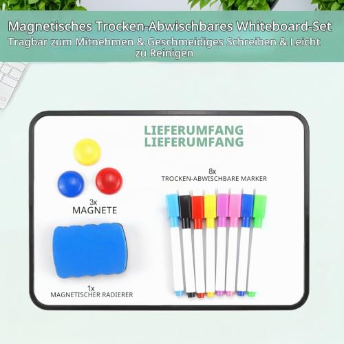 Whiteboard Klein 30 x 21 cm Doppelseitige Whiteboard Magnetisch Trocken Abwischbare Tafel Weiß A4 Schreibtafel mit 8 Stiften 3 Magneten und 1Radiergummi für Küche Schule Büro