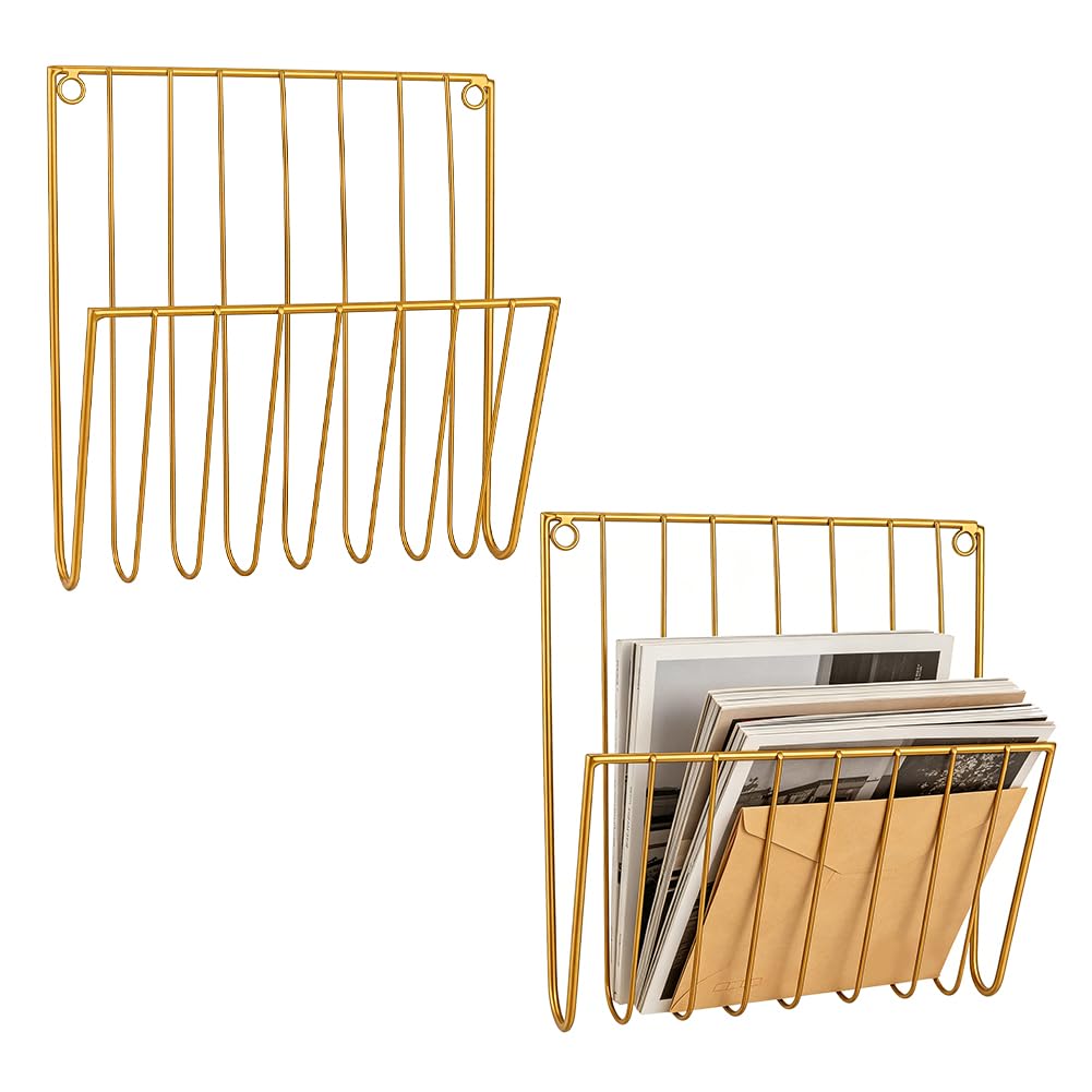 UNICRAFTALE 2 Stück Goldene Eisen Wandaufbewahrungsregal Wandmontierter Zeitschriftenhalter Mit Klebehaken Post Organizer Ideal Für Eingangsbereiche Und Küchen 10.4x9.8x3 Zoll/265x250x76mm