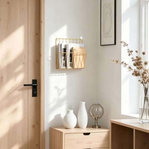 UNICRAFTALE 2 Stück Goldene Eisen Wandaufbewahrungsregal Wandmontierter Zeitschriftenhalter Mit Klebehaken Post Organizer Ideal Für Eingangsbereiche Und Küchen 10.4x9.8x3 Zoll/265x250x76mm