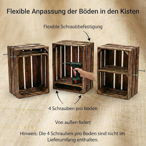 Teramico 3er Set massive Obstkisten in NATUR und GEFLAMMT mit ZWISCHENBÖDEN zum selbst einbauen -Ideal zum Möbelbau oder zur Aufbewahrung (3er Set Geflammt mit Böden)