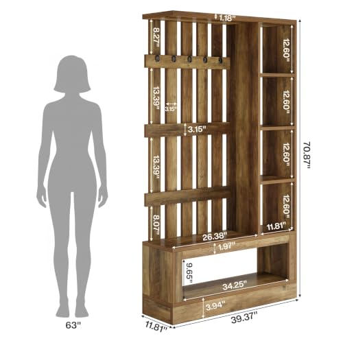 Tribesigns Raumteiler mit Regalen, 180 cm freistehende Holztrennwand mit Garderobe und Schuhablage, offenes Ablagefach zur Raumtrennung, für Zuhause, Büro, Flur, rustikales Braun