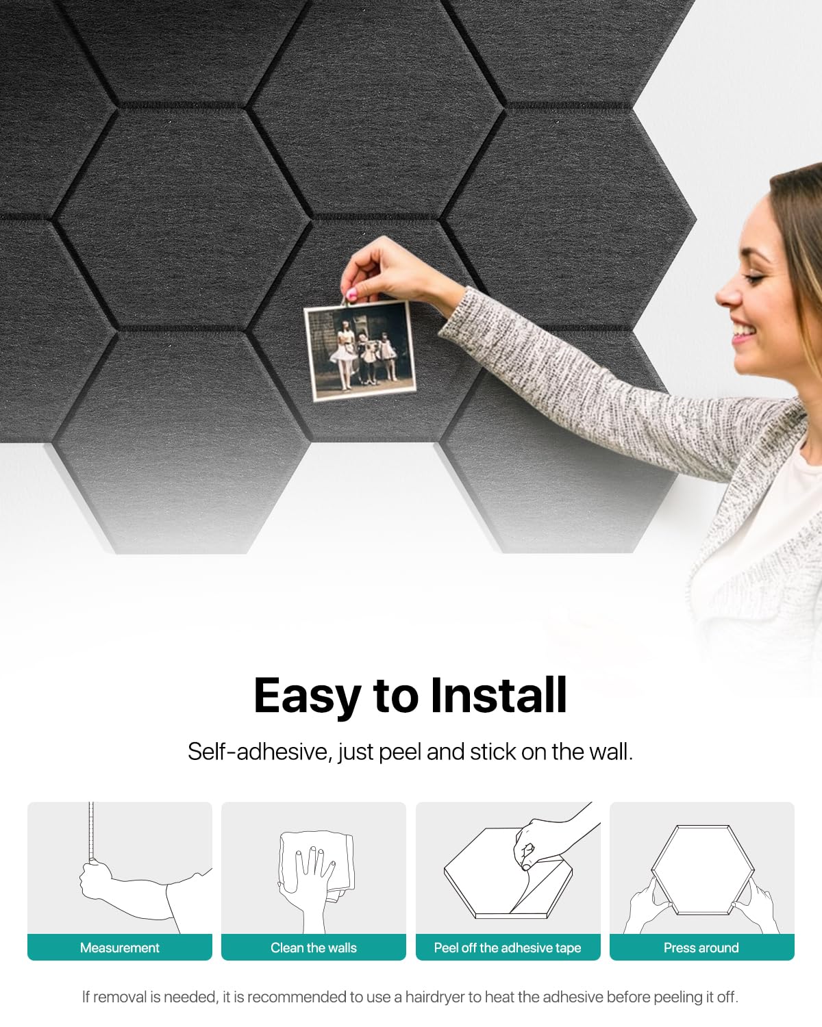 Soundsbay Hexagon Akustikpaneele Selbstklebend 12 Stück Schwarz 30x26x0.9cm