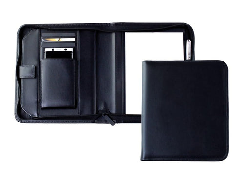 DELMON VARONE - Personalisierbare Tablet und Smartphone Schreibmappe DIN A5 aus Premium Boxcalf Leder schwarz, Organizer Businessmappe mit Notizblock, Stiftschlaufe, Steckfächer und Reißverschluss