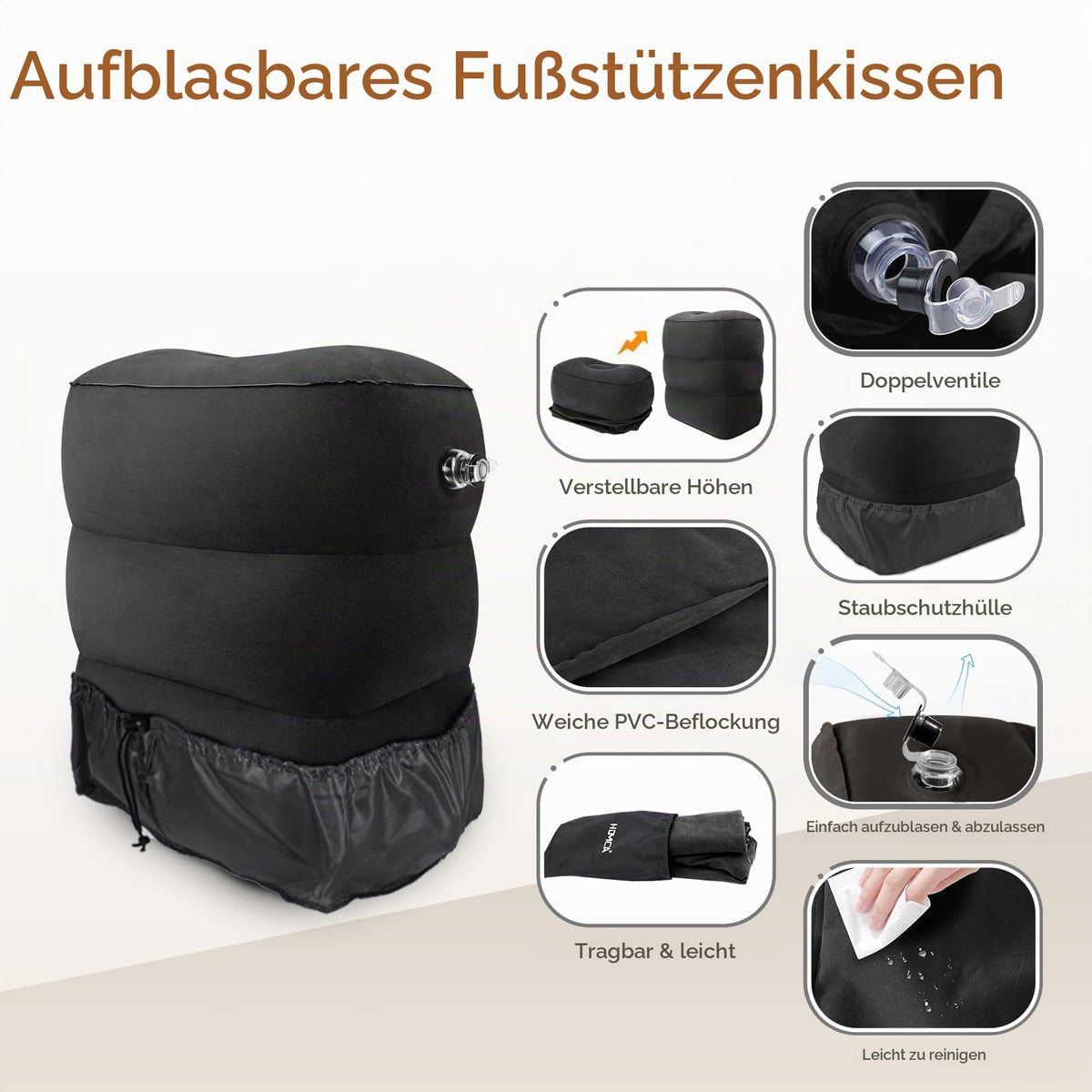 HOMCA Reise Fußstütze Kissen Aufblasbares Höhenverstellbar, Schwarz,1 Stück