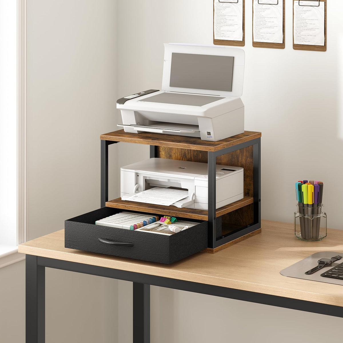 HOOBRO 2-stufiger Druckerständer, Druckertisch, Drucker Stand mit Schublade Lagerung, Druckerhalter unter dem Schreibtisch, für Homeoffice, Büro, Küche, Wohnzimmer, Rustikales Braun EBF07PS01
