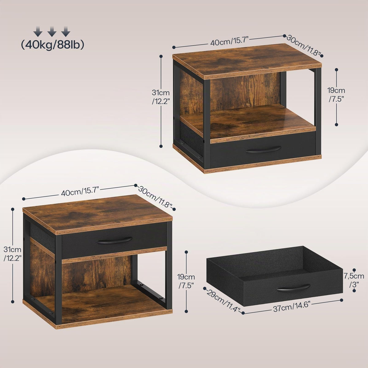 HOOBRO 2-stufiger Druckerständer, Druckertisch, Drucker Stand mit Schublade Lagerung, Druckerhalter unter dem Schreibtisch, für Homeoffice, Büro, Küche, Wohnzimmer, Rustikales Braun EBF07PS01