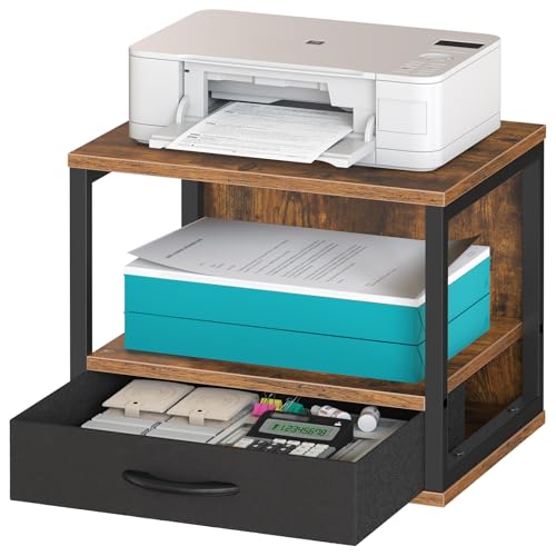 HOOBRO 2-stufiger Druckerständer, Druckertisch, Drucker Stand mit Schublade Lagerung, Druckerhalter unter dem Schreibtisch, für Homeoffice, Büro, Küche, Wohnzimmer, Rustikales Braun EBF07PS01