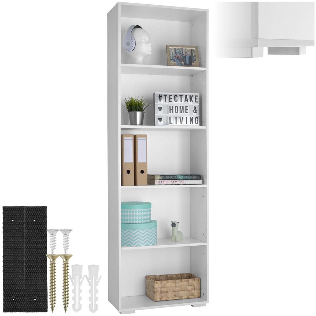 tectake® Bücherregal, Regal Holz, Standregal mit 5 offenen Fächern für Bücher, CD Regal, als Wohnwand Wohnzimmer, Home Office oder Büro, als Küchenregal oder Kinderregal - weiß