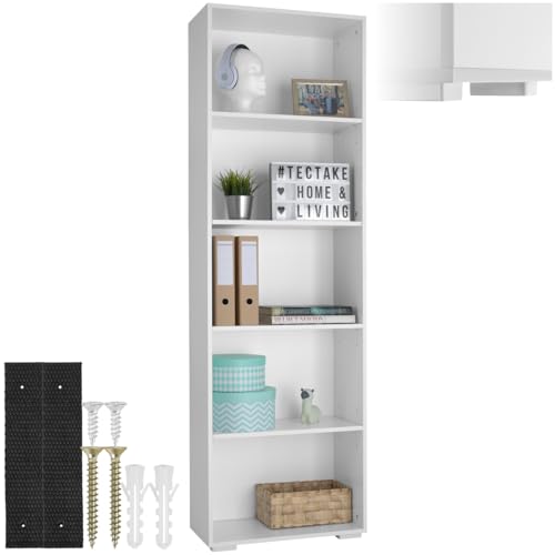 tectake® Bücherregal, Regal Holz, Standregal mit 5 offenen Fächern für Bücher, CD Regal, als Wohnwand Wohnzimmer, Home Office oder Büro, als Küchenregal oder Kinderregal - weiß