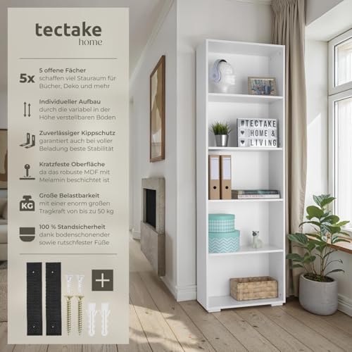 tectake® Bücherregal, Regal Holz, Standregal mit 5 offenen Fächern für Bücher, CD Regal, als Wohnwand Wohnzimmer, Home Office oder Büro, als Küchenregal oder Kinderregal - weiß