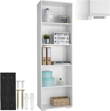 tectake® Bücherregal, Regal Holz, Standregal mit 5 offenen Fächern für Bücher, CD Regal, als Wohnwand Wohnzimmer, Home Office oder Büro, als Küchenregal oder Kinderregal - weiß