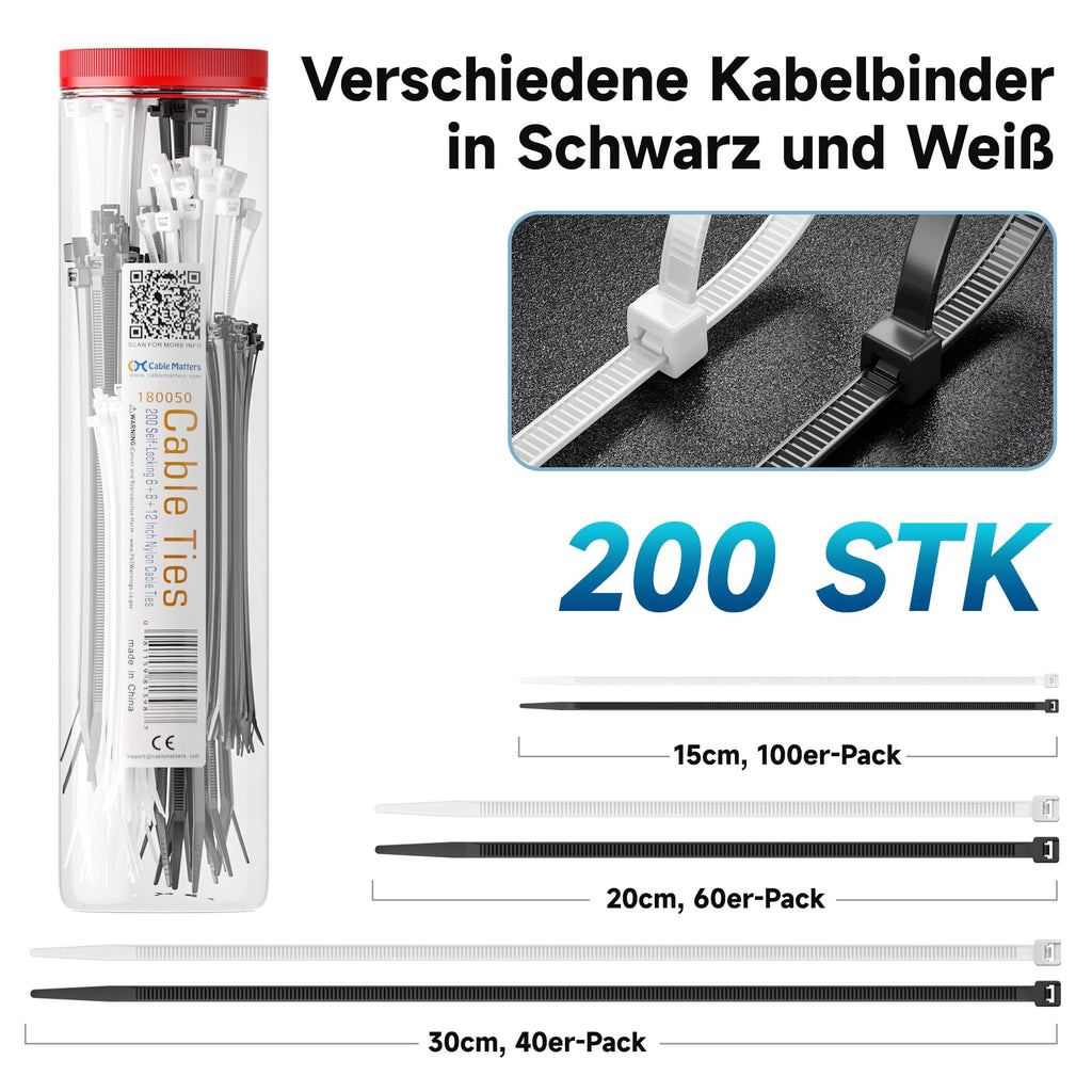 Cable Matters 200er-Set Nylon-Kabelbinder in 15/20/, 30 cm