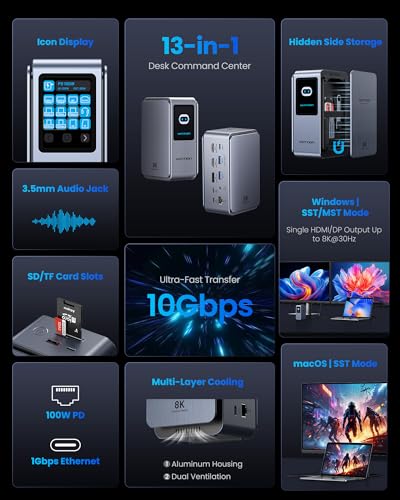 VENTION 13 in 1 Laptop Docking Station 3 Monitore, 8K 2*HDMI&1*DP, PD 100W,USB A & Type C Data Transfer Ports,SD/TF Kartenleser USB C Multiport Adapter, Kompatibel für MacBook Pro, Air/Dell/Lenovo/HP